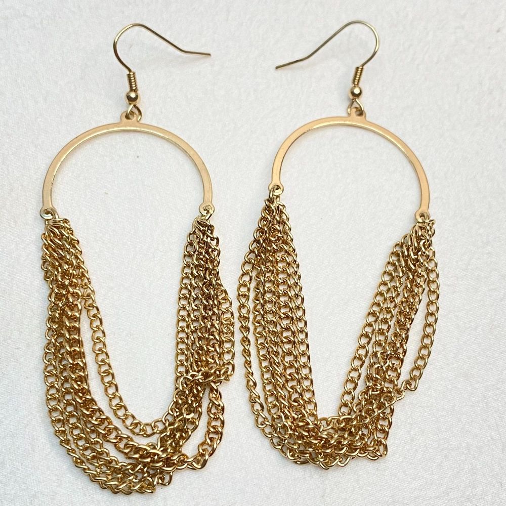 💎Drop Dangle Earrings Gold Tone Part Hoop Part Layered Chain